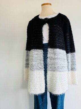 Roaman’s Plus Size Ombre Eyelash Shaggy Knit Cardigan - Black/Gray/Cream